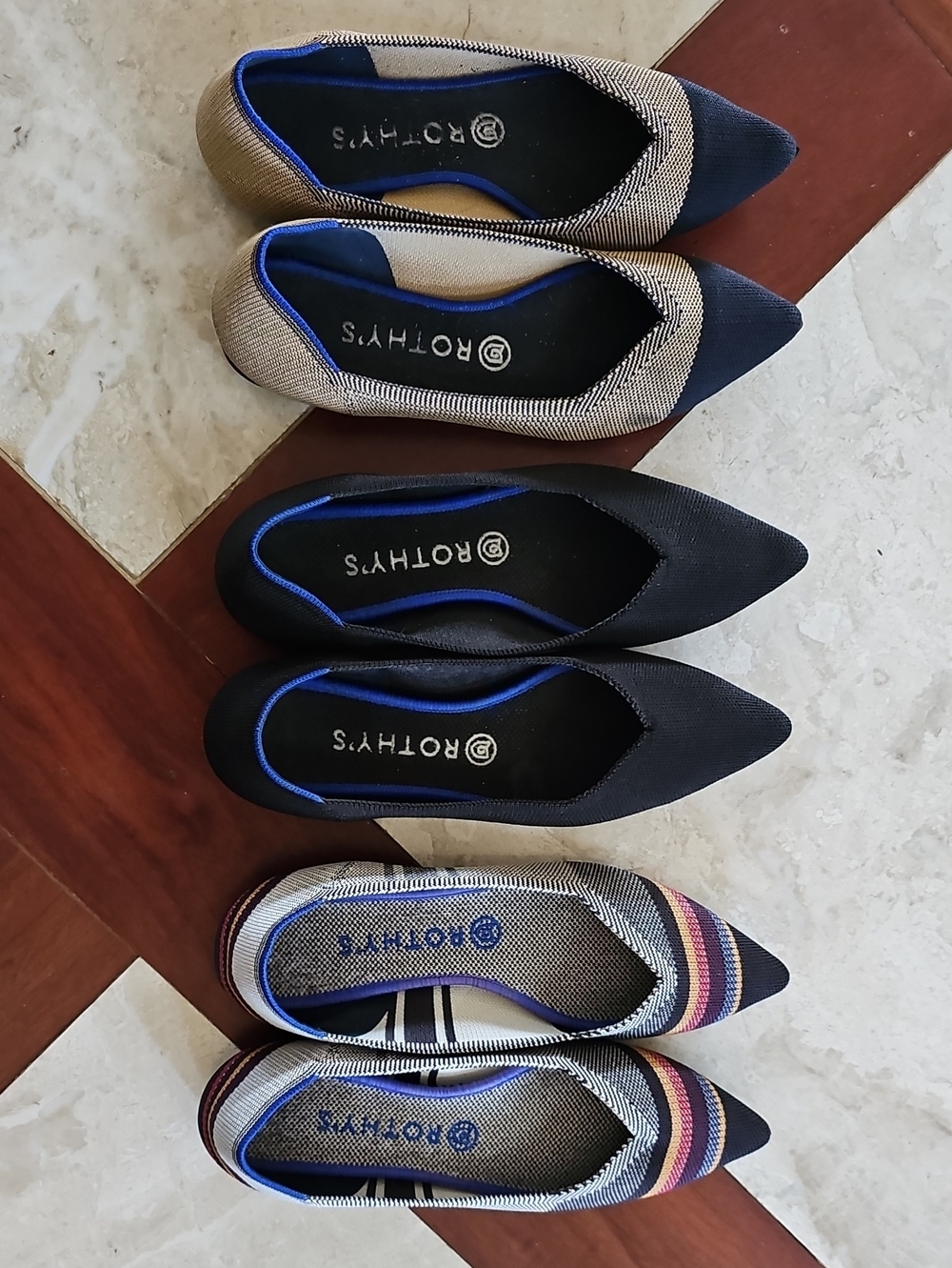 Rothy's Women's Pointed Flats Trio in Black, Navy, and Multicolor Stripes